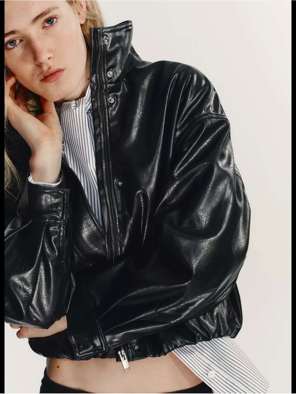 Zara Black Faux Leather Bomber Volume Jacket
